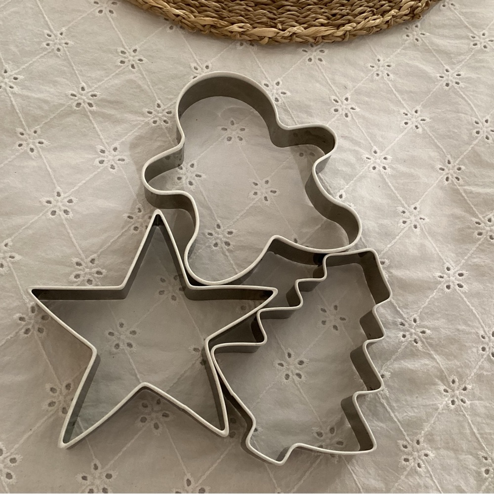 Crate & Barrel Silver Cookie Cutter Set for Holiday Baking.